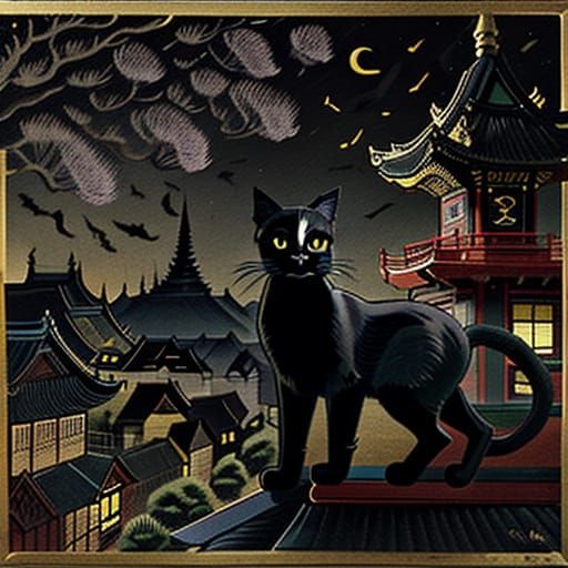 Whimsical Black Cat Perched on Asian Pagoda Roof in Folk Art...
