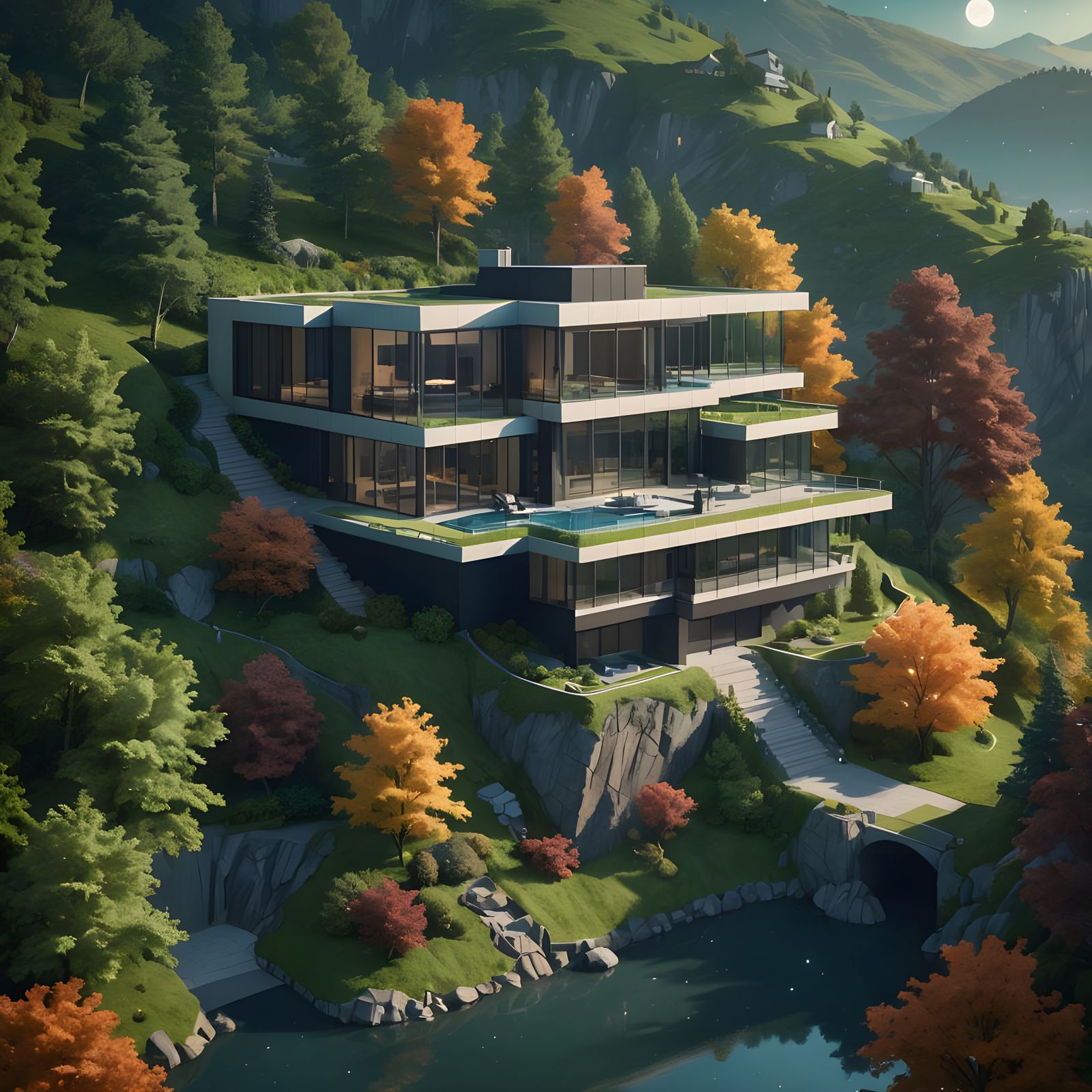 Modern Glass Mansion Under Starry Sky: Digital Art