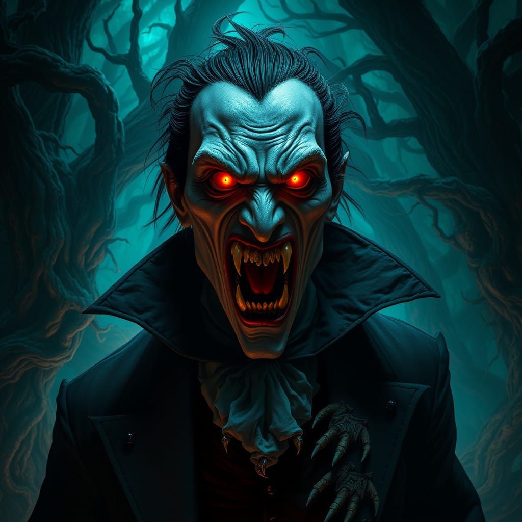 Menacing Vampire in Dark Victorian Attire Reveals Razor-Shar...