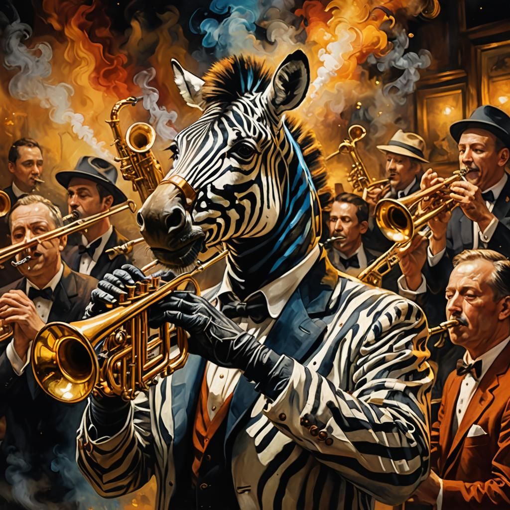 Zebra Jazz Trumpeter in Smoky Rembrandt-esque Club