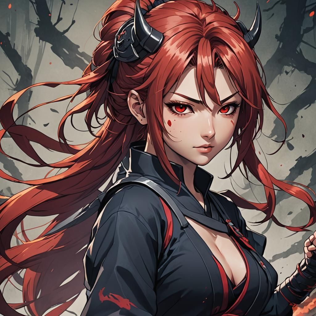 Red-Haired Kunoichi with Demon Eyes in Anime Style