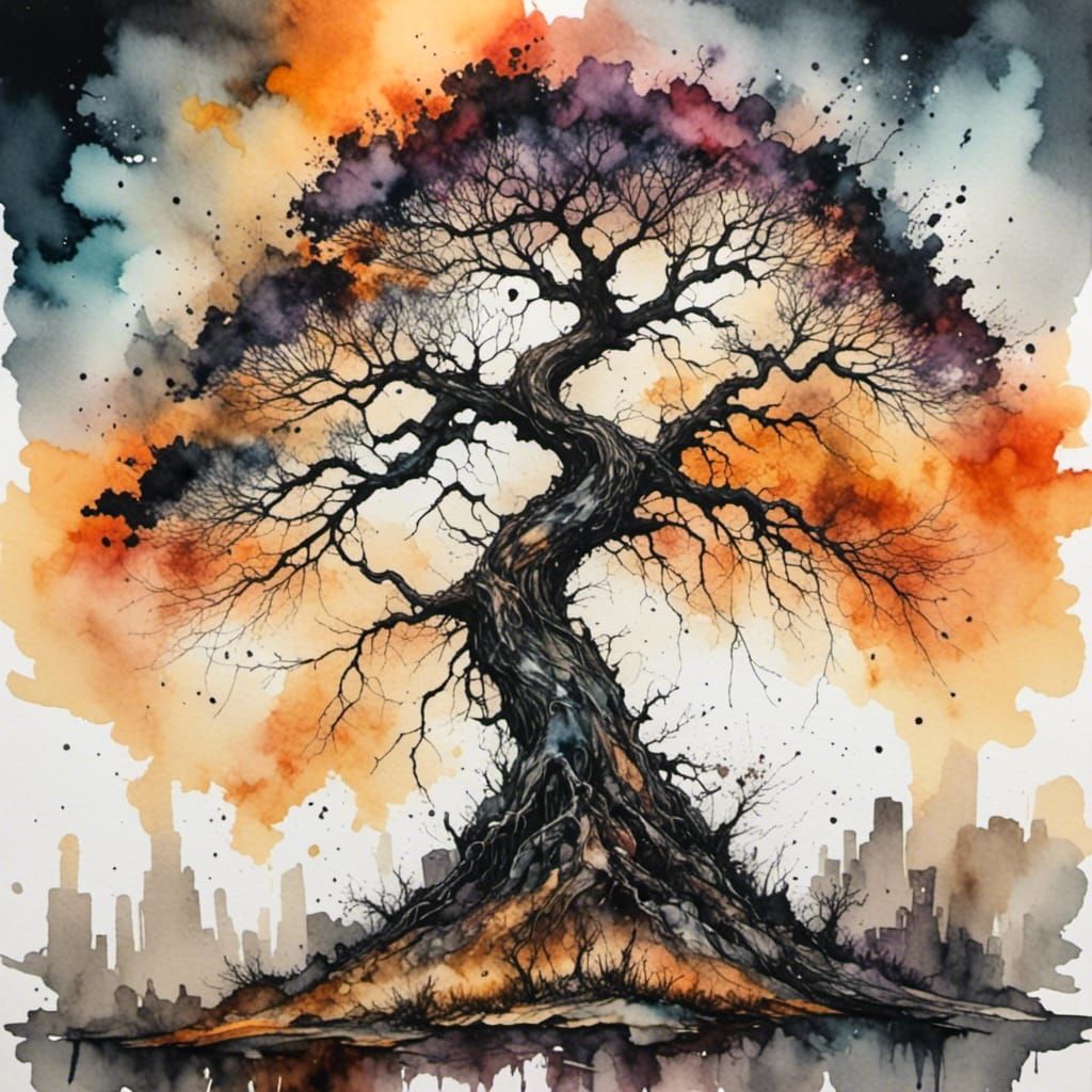 Lonely Tree in Post-Apocalyptic Landscape, Watercolour Art