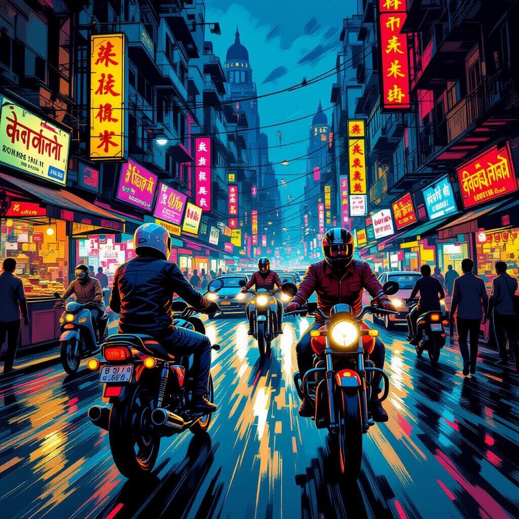 Mumbai Motorbike Riders in Hyper-Realistic Comic Style