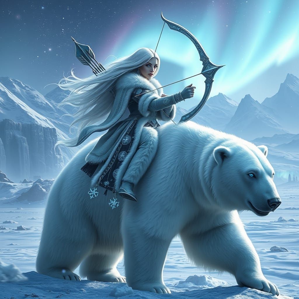 Winter Goddess Rides Majestic Polar Bear in Frosty Realm