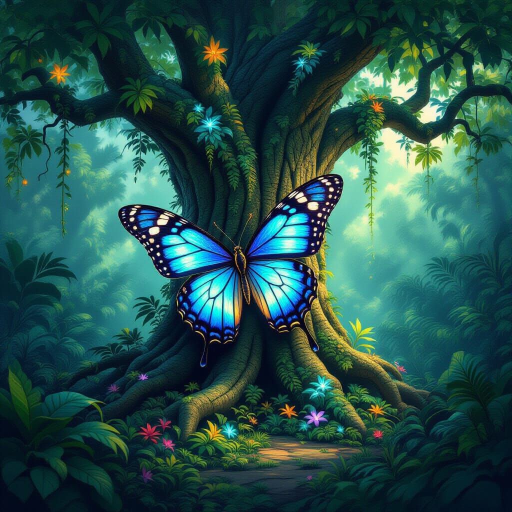 Giant Bioluminescent Butterfly on Colossal Tree in Magical J...