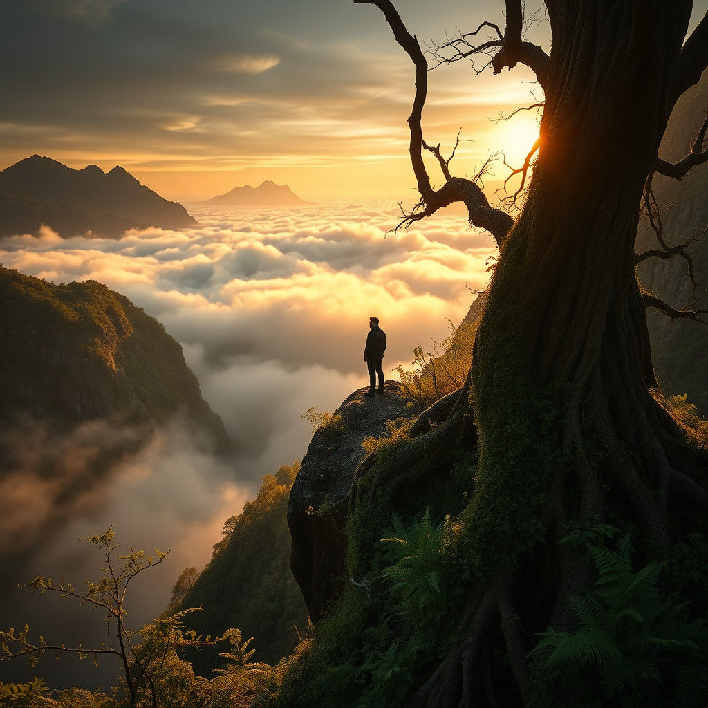 Contemplative Figure Overlooks Cloudscape at Sunset
