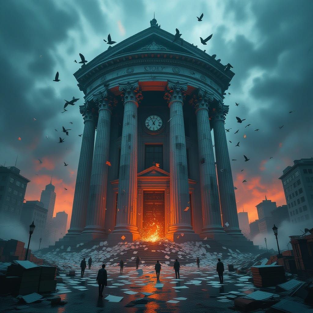 Melting Bureaucratic Building Over Crumbling City, Surrealis...