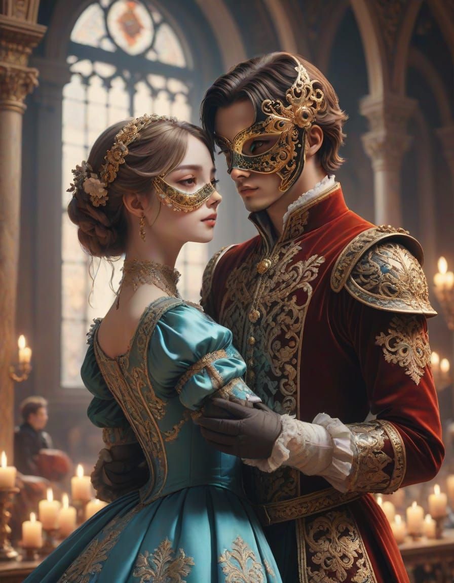 Elegant 14th Century Ballroom Masquerade in Cinematic Anime ...