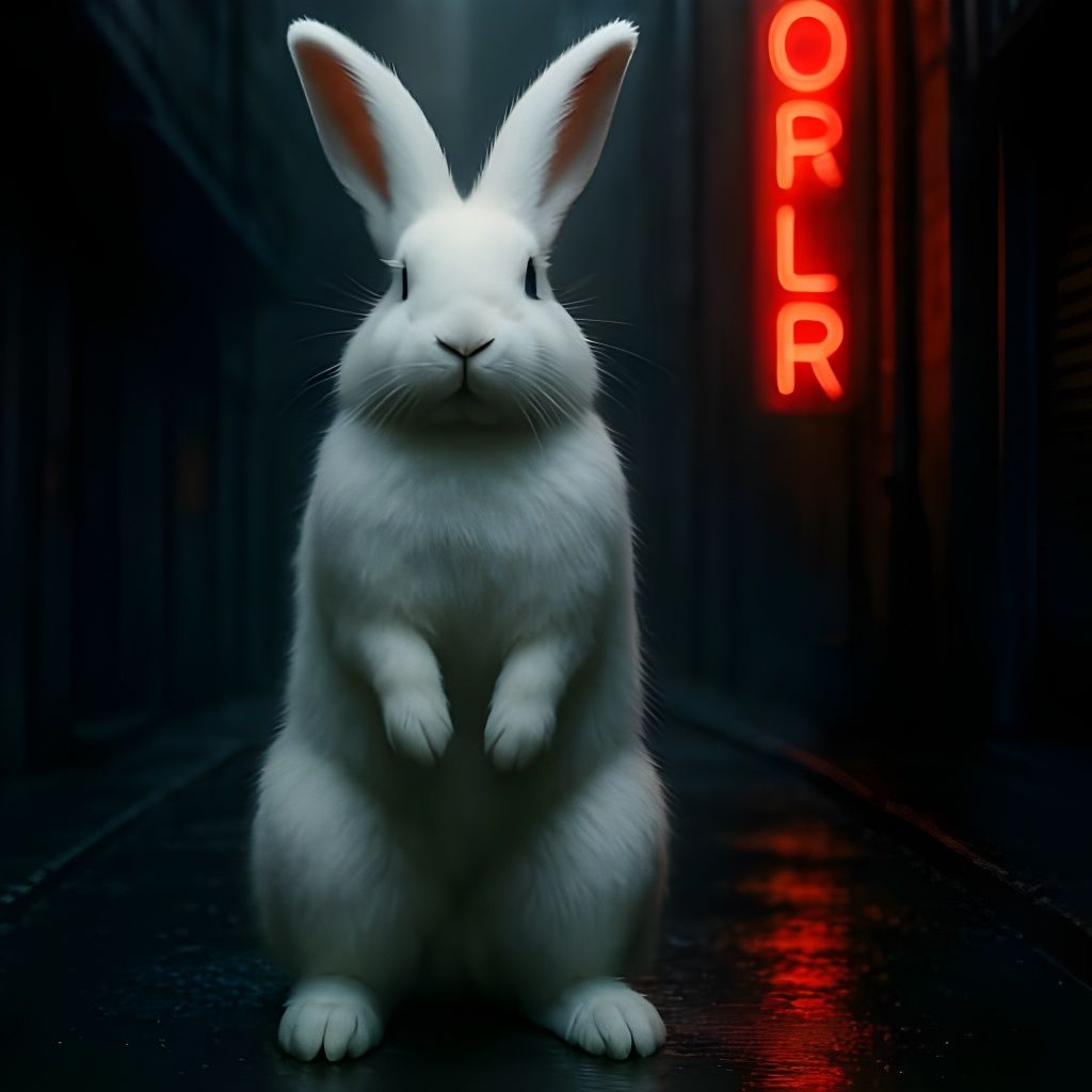 Photorealistic White Rabbit in Moody Urban Alleyway