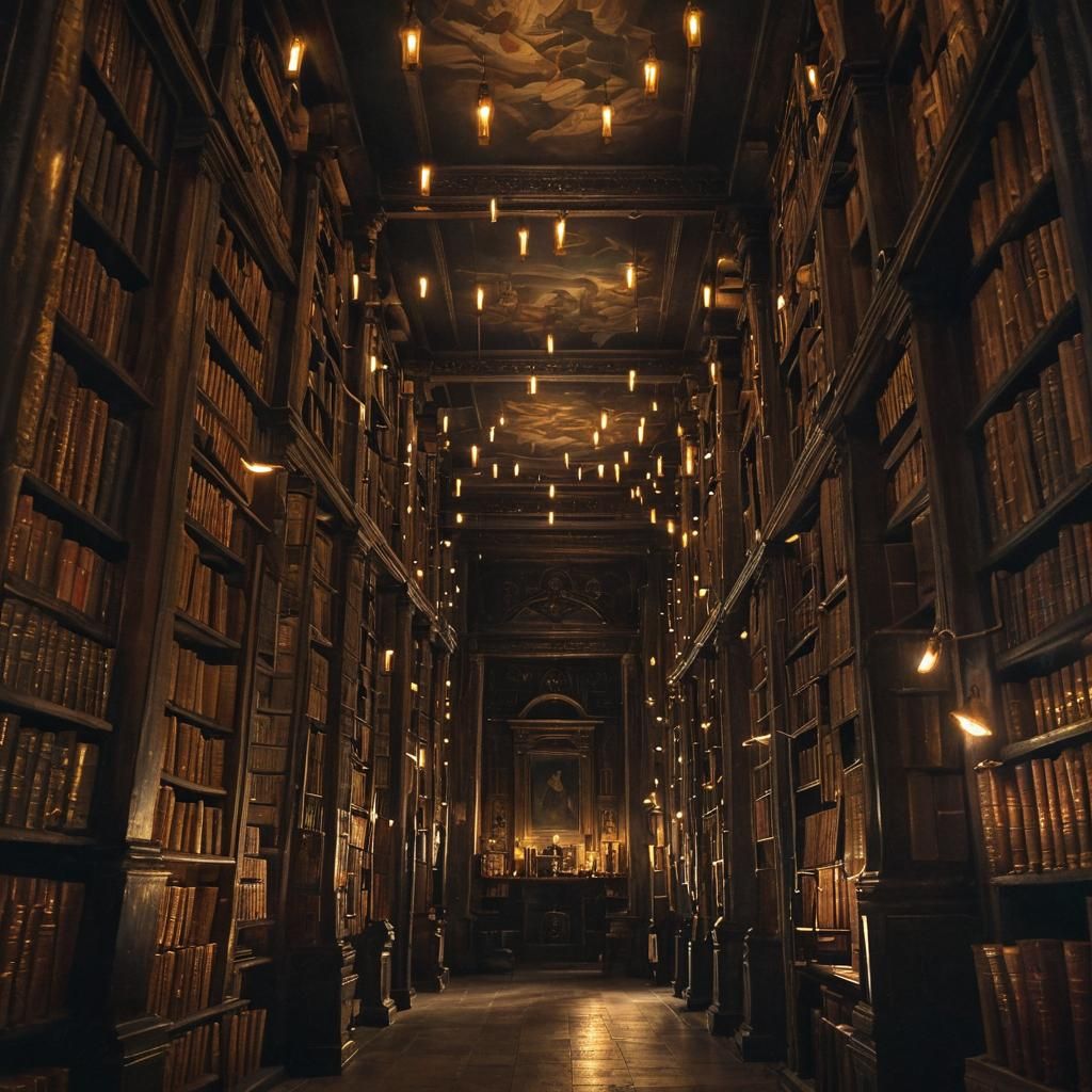 Mystical Library with Magical Illumination as Oil Painting