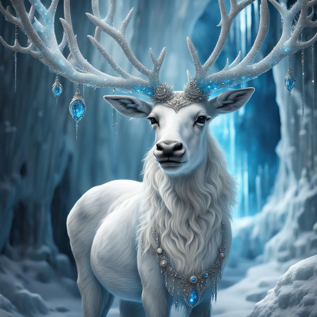 Jeweled White Reindeer in Winter Cave