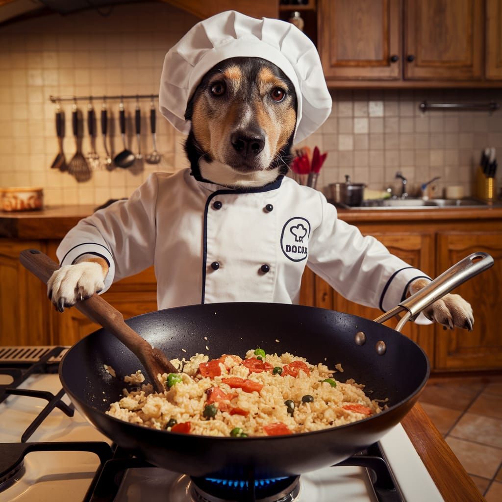 Dog Chef Prepares Fried Rice in Elegant Kitchen Setting