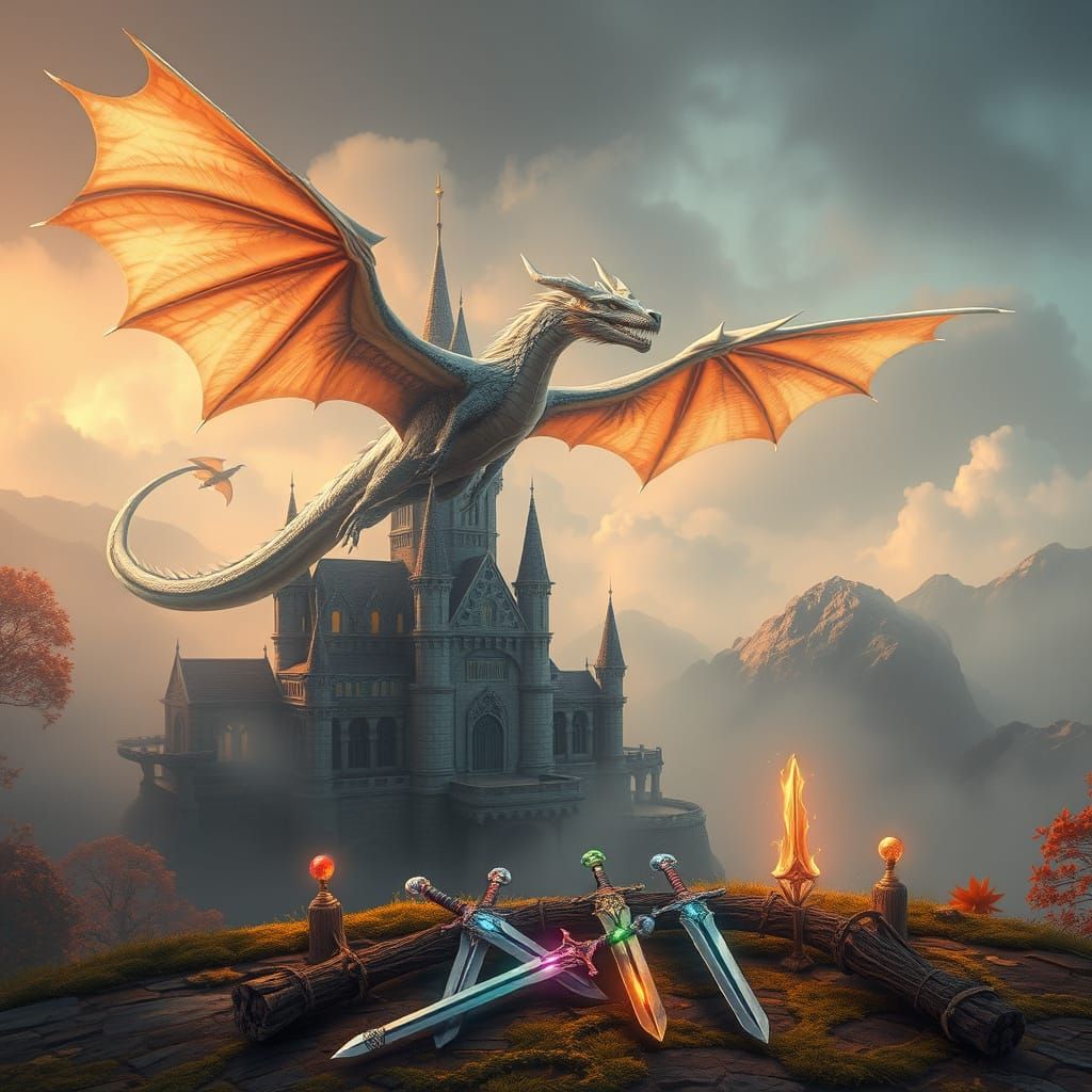 Majestic Dragon Overlooks Castle with Elemental Swords