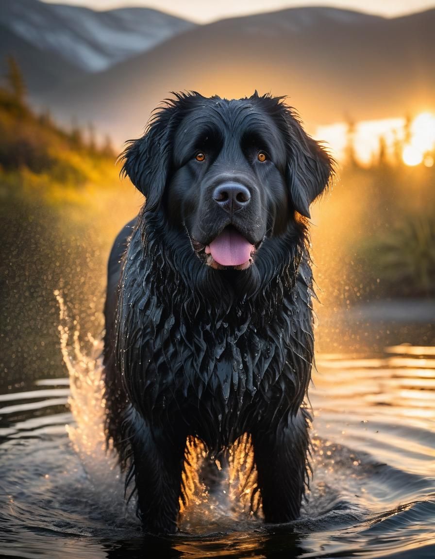 Newfoundland Dog Emerging from Lake at Sunrise