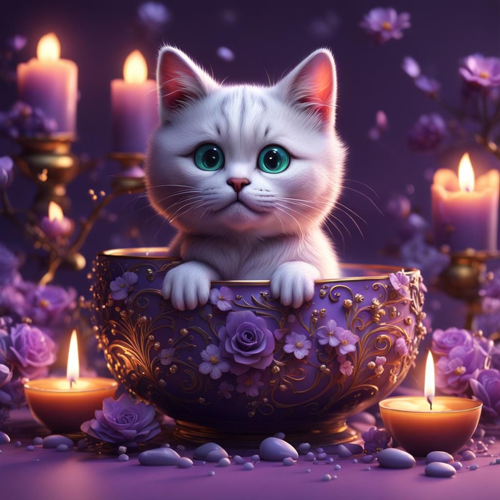 Cartoon Kitten on Candle with Flowers