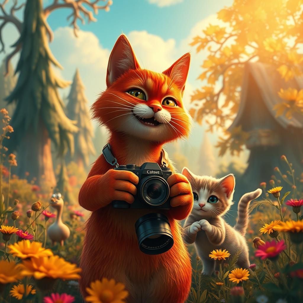 Joyful Red Cat Photographer in Whimsical Yard
