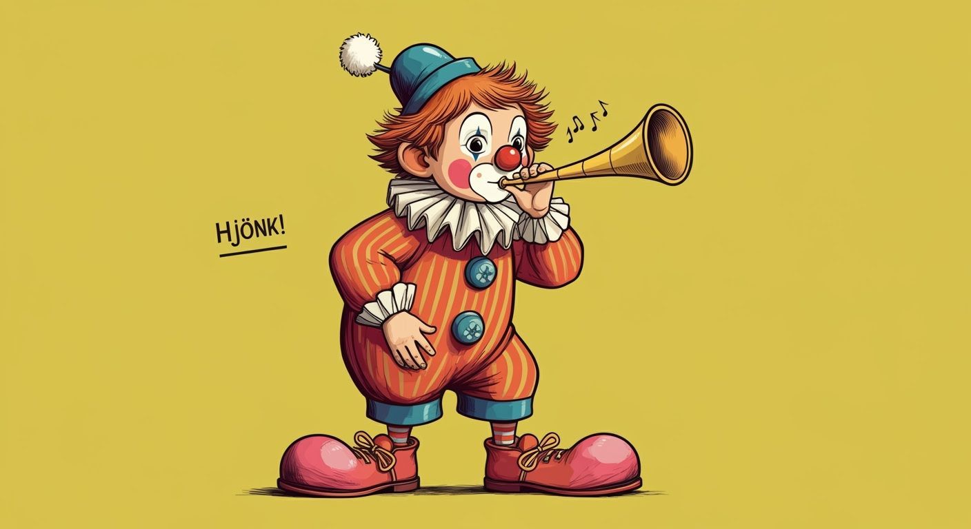 Whimsical Scandinavian Clown with Horn and Surprised Express...