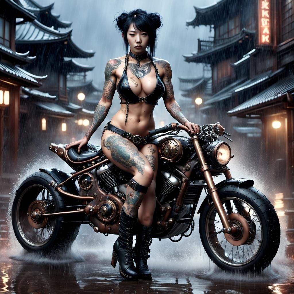 Rain-Soaked Cyberpunk Biker in Gothic Digital Art
