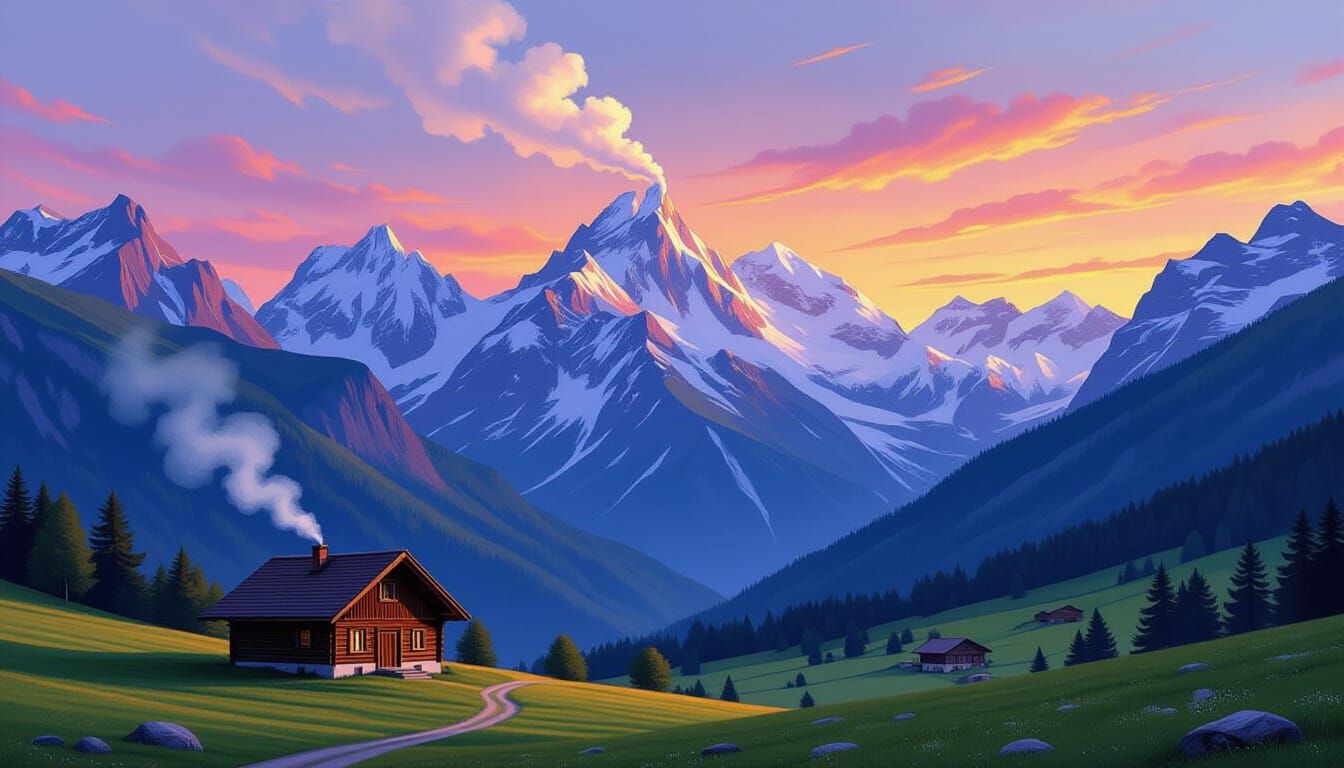 Breathtaking Swiss Alps Chalet at Twilight