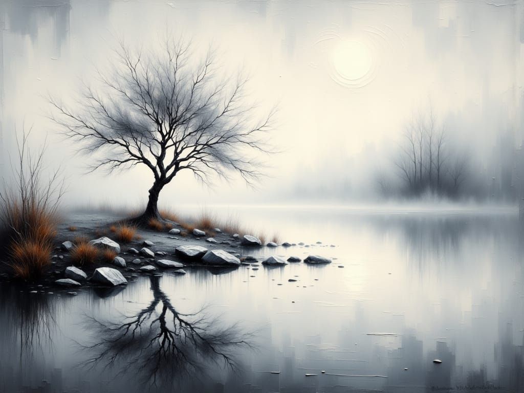 Misty Lake Shoreline in Grungy Impasto Style