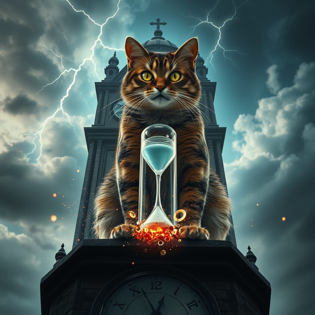 Majestic Cat on Ancient Clock Tower at Midnight
