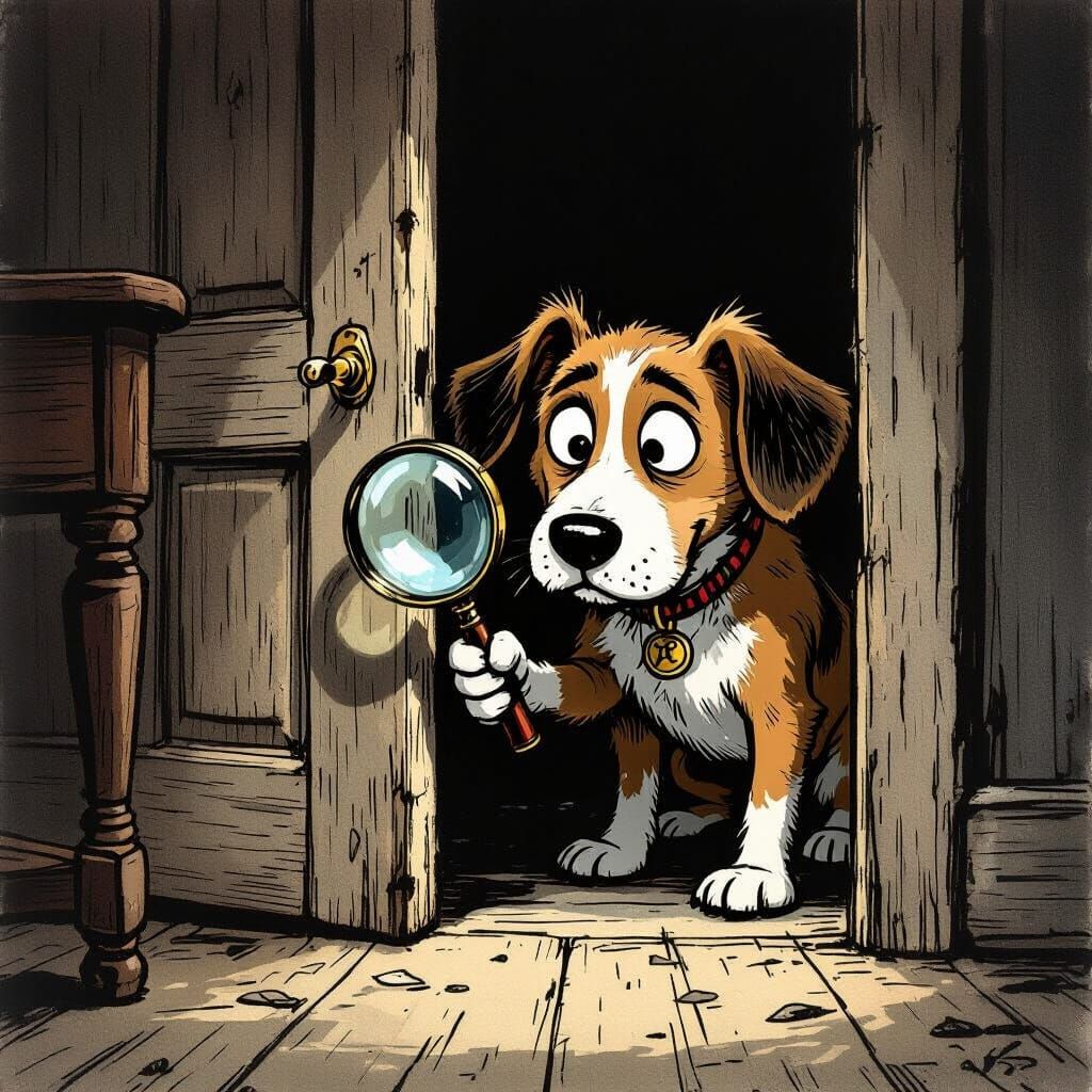 Detective Dog Peeks Under Door with Magnifying Glass