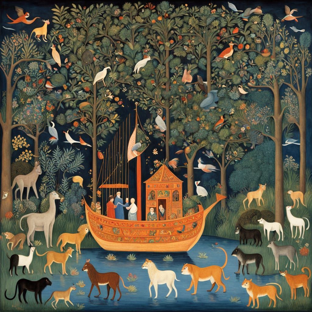 Whimsical Noah's Ark Teeming with Exotic Animals in Dreamlik...