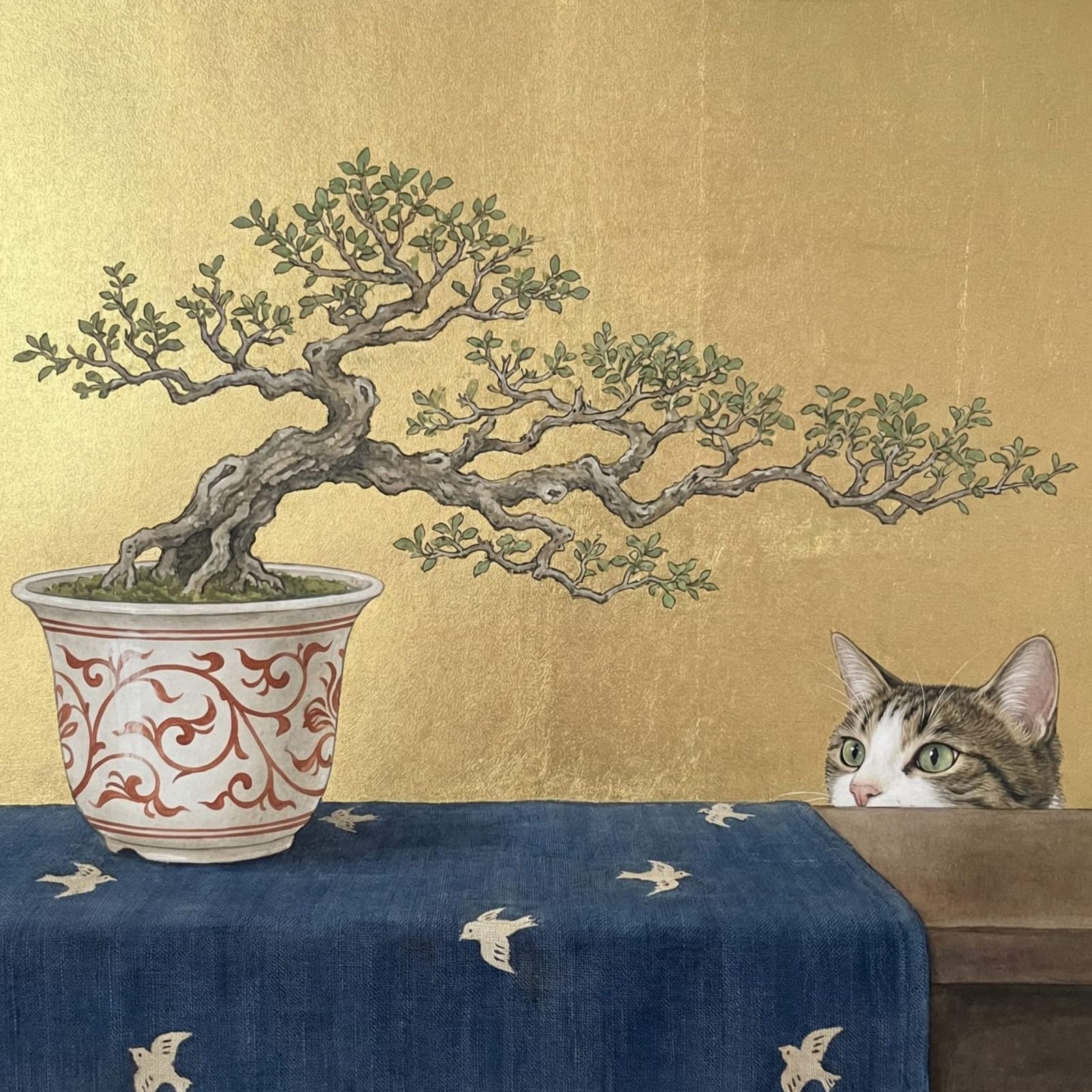 Japanese Painting of Bonsai Tree with Cat
