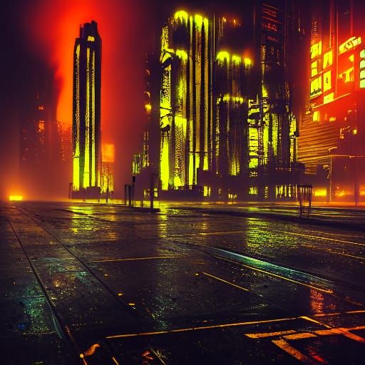 Gritty Cyberpunk Cityscape with Mesopotamian-Inspired Towers