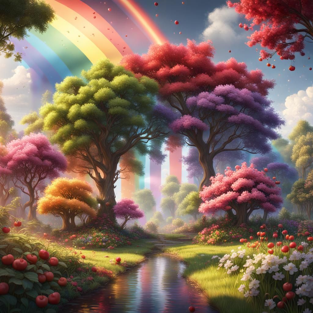 Double Rainbow Over Cherry Garden, Detailed Matte Painting