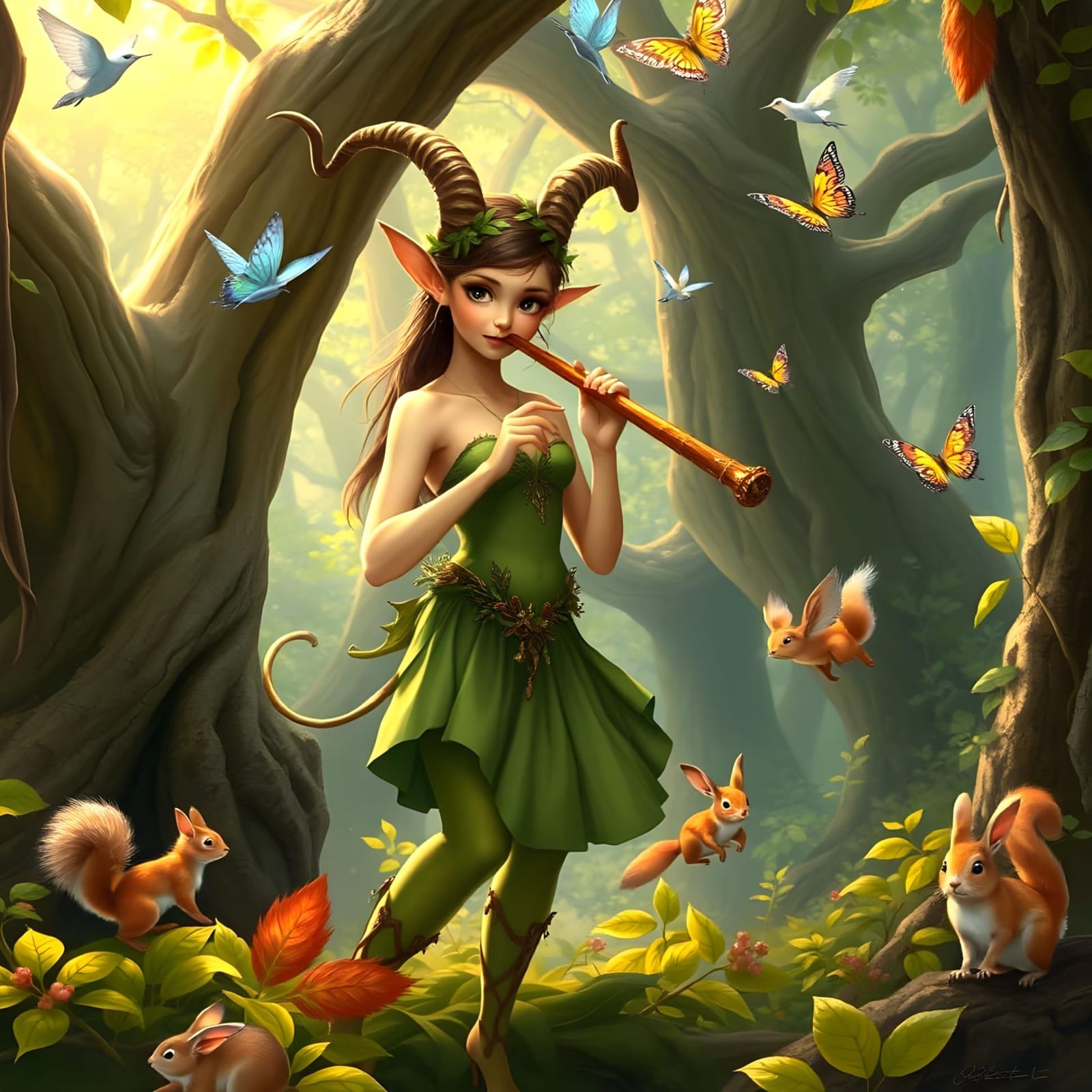 Enchanting Female Faun Plays Panpipes in Whimsical Forest