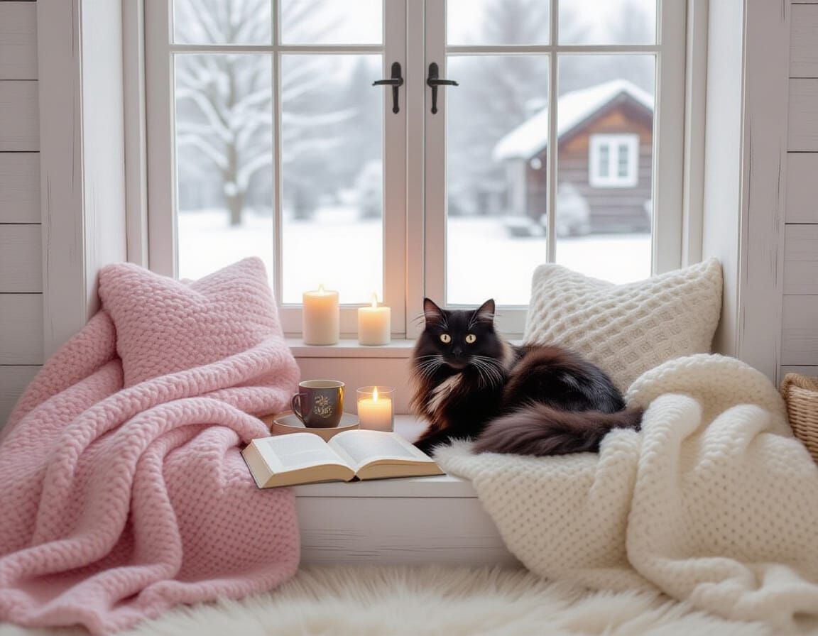 Cozy Winter Scene with Cat, Books, and Hot Chocolate