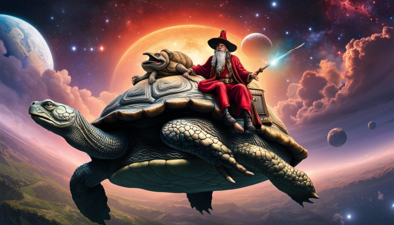 Rincewind in a space suit, floating in space above Terry Pra...