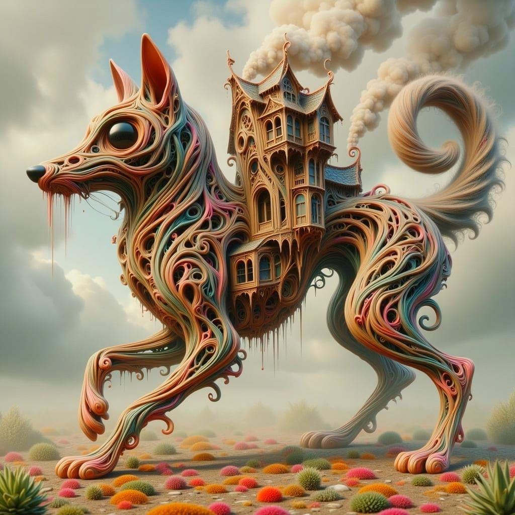 Dog with Surreal Architecture in Tim Burton Style