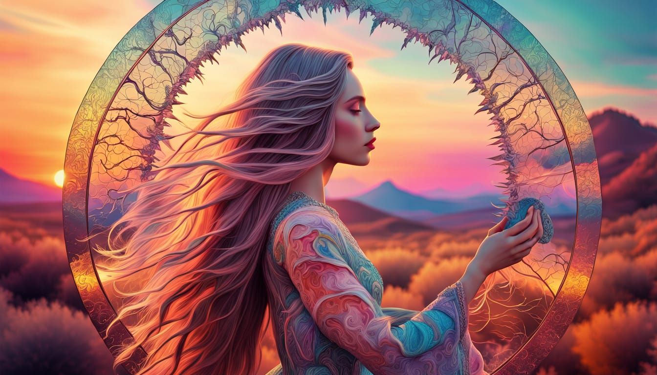 A delicate, introspective figure, wrapped in intricate, flow...