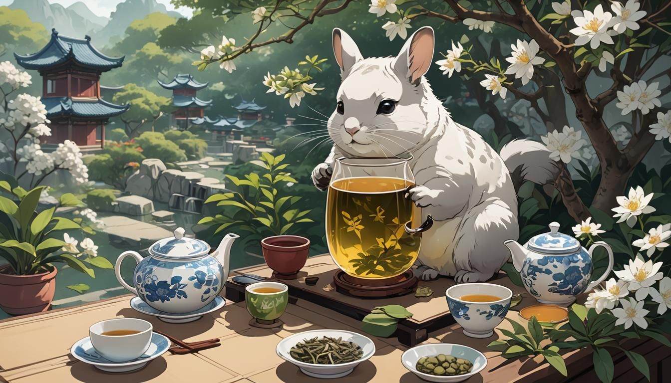 Chinchilla Sipping Tea in Anime Chinese Garden