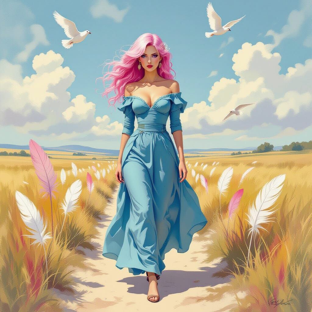 Pink-Haired Woman in a Surreal Watercolor Featherland