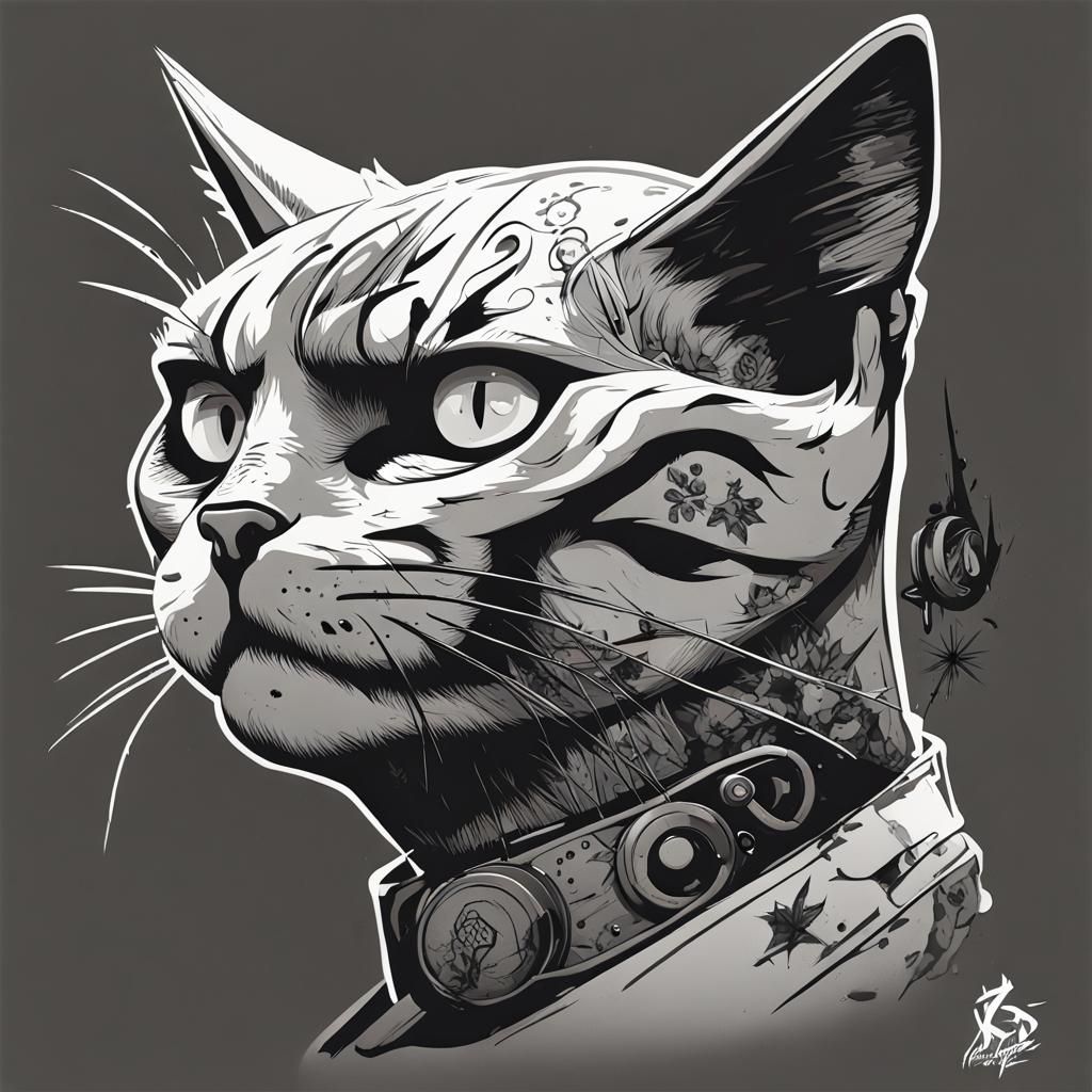 Monochrome Vector Logo of Mad Cat in Anime Style