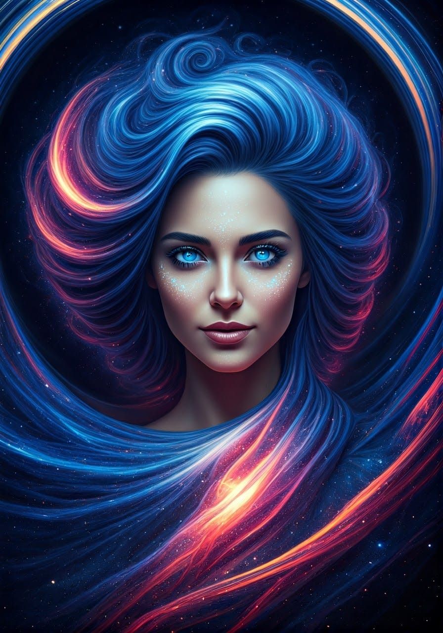 Cosmic Goddess with Iridescent Hair and Nebula Gown