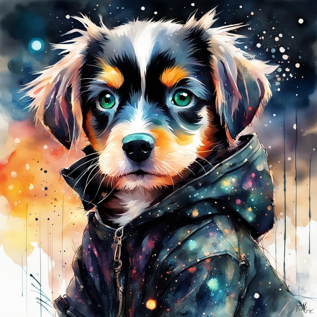 Cute Chibi Puppy in Space: Digital Watercolor Art