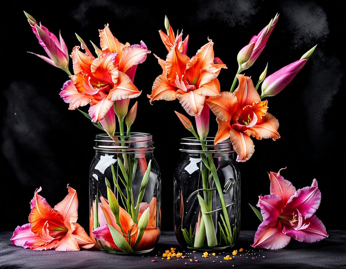 Vibrant Gladiolus Floral Arrangement in Watercolor Splash Ar...