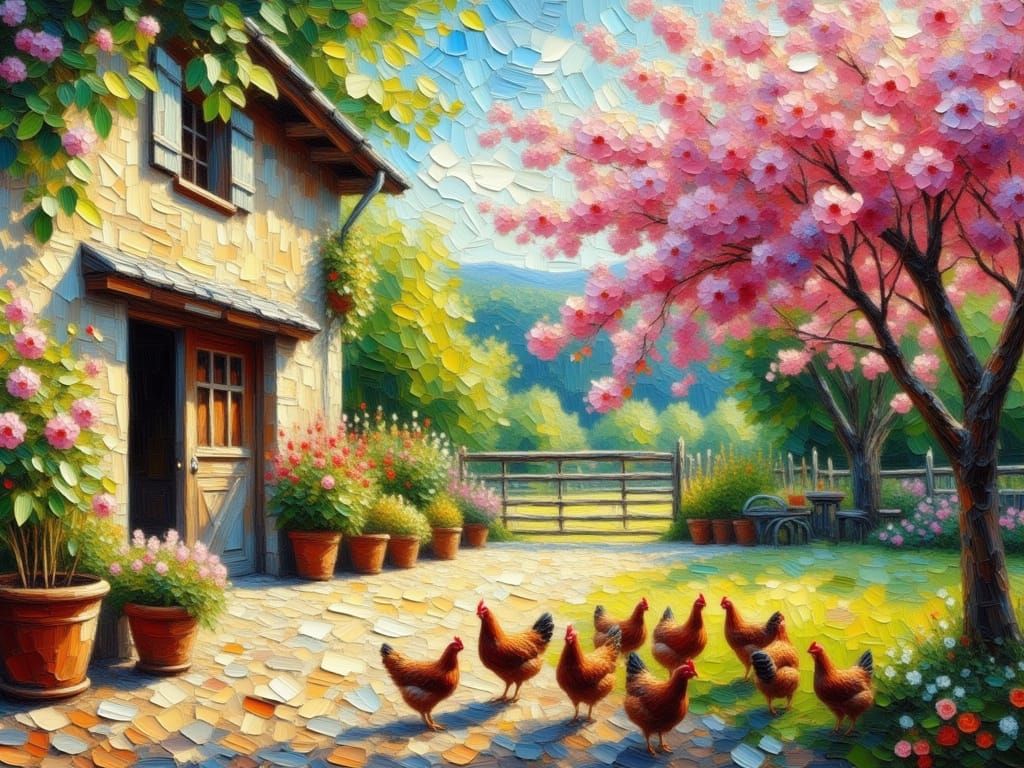 Rustic Barnyard Scene in Impasto Oil Style