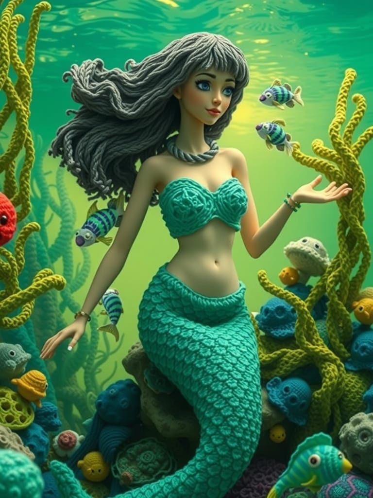 Vibrant Crochet Mermaid in a Textured Underwater Yarnscape