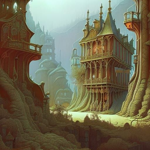 Vintage City Overgrown with Vines in Watercolor Style