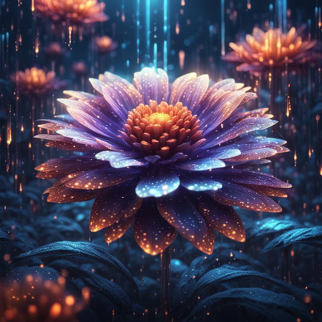 Glowing Flower Dream in Binary Code, Digital Art