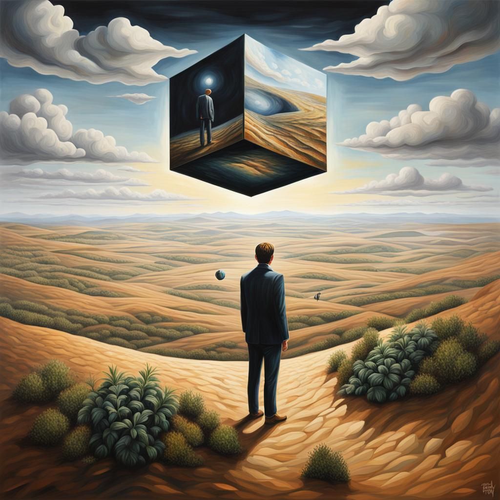 Captive Figure Under Floating Cube, Hyperrealistic Oil Paint...