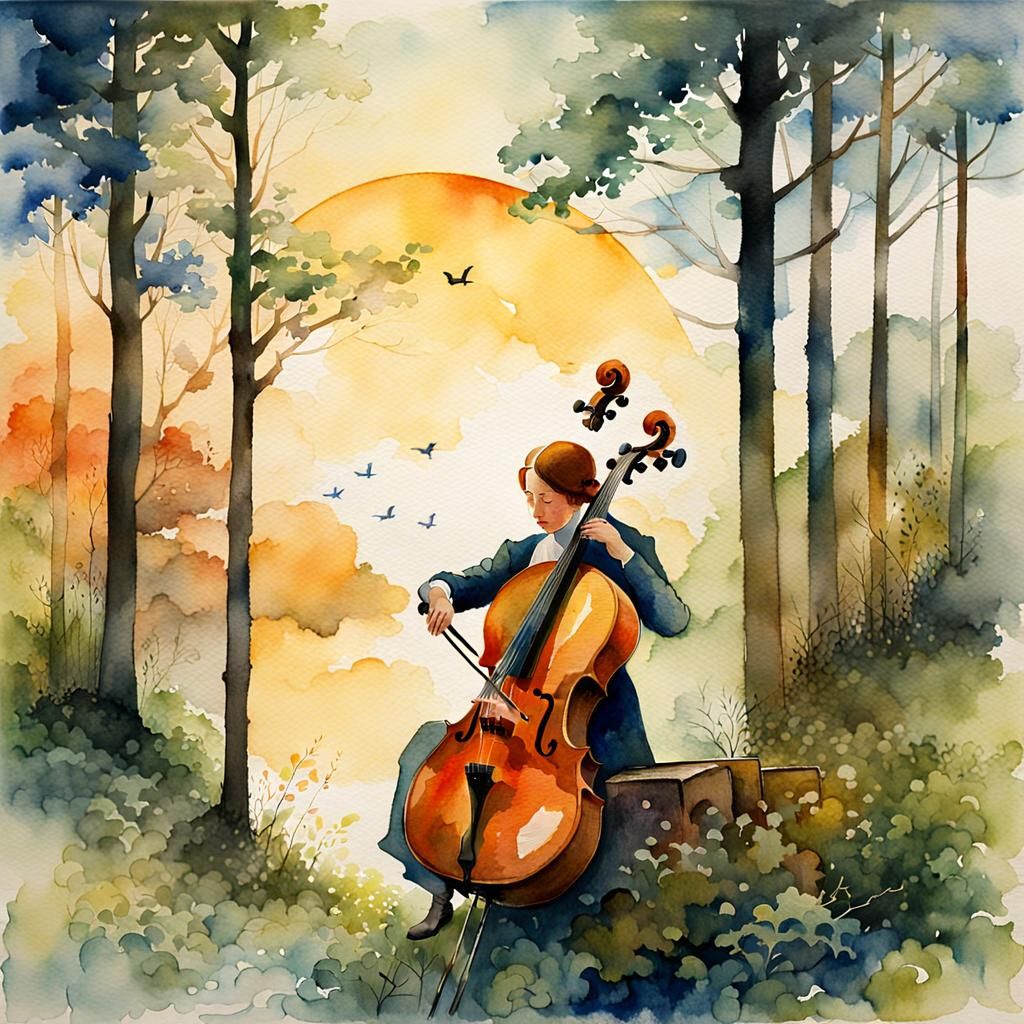 Whimsical Watercolor Cello Player in Forest at Sunrise