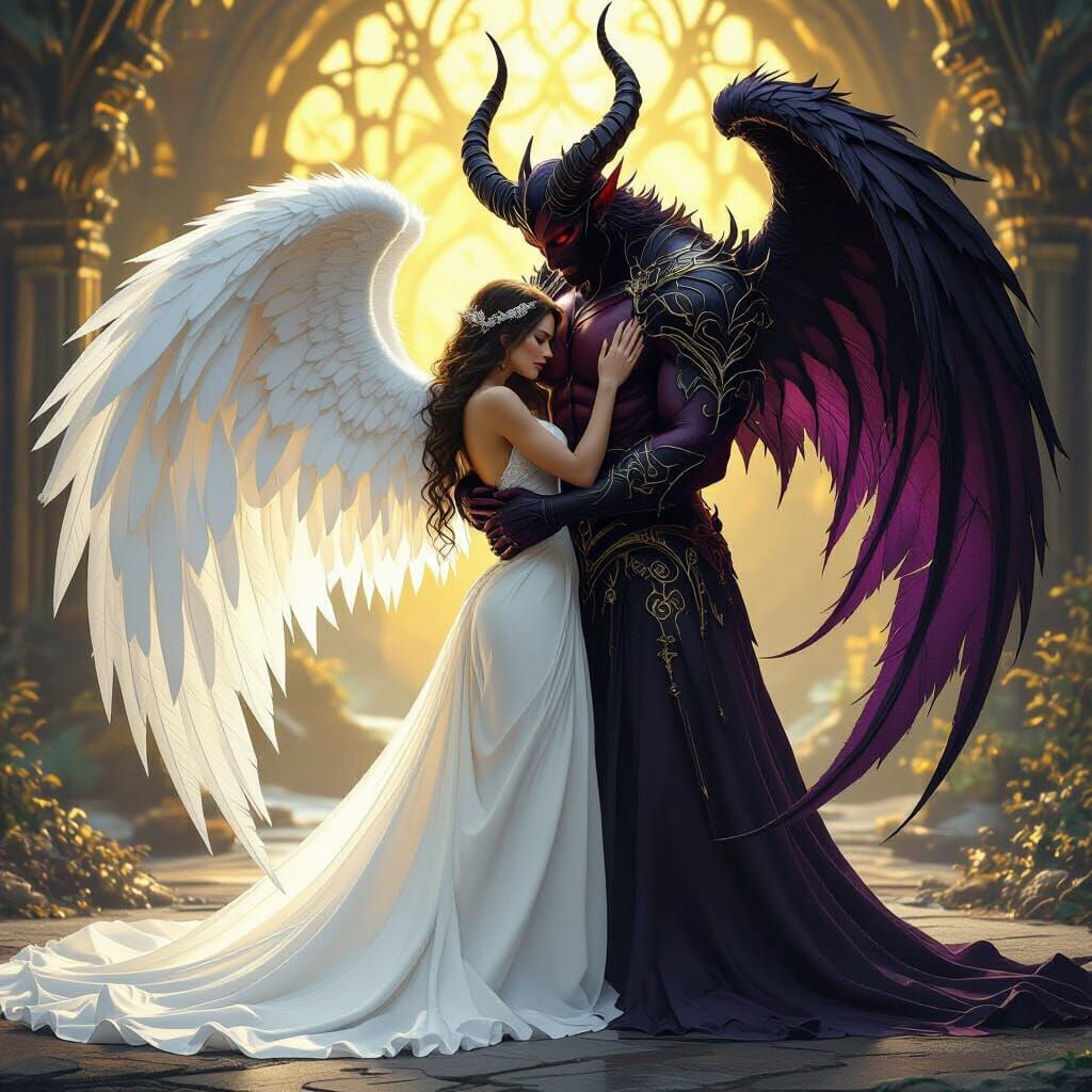 Angel Hugs Devil in Dark Fantasy Style
