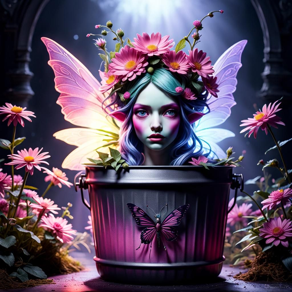 Sinister Flower Fairy in Apocalyptic Landscape