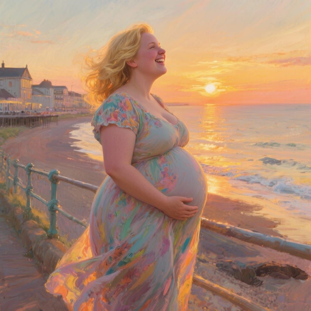 Pregnant Woman Enjoys Sunset at Seaside Resort
